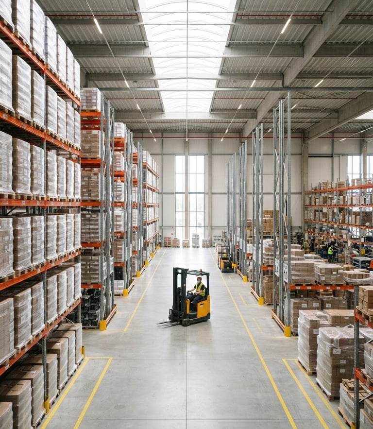 Crisp industrial photography of a perfectly organized warehouse, bright natural daylight, clean lines, professional editorial style