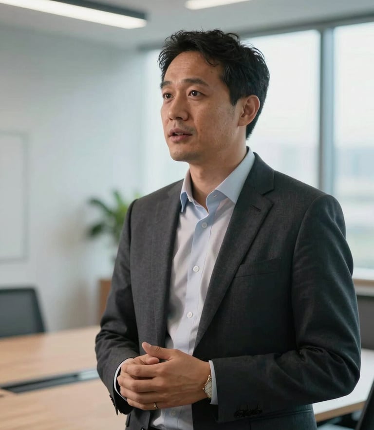 Candid editorial portrait of a business leader speaking in a modern boardroom, natural side lighting, soft focus background of a clean architectural space.