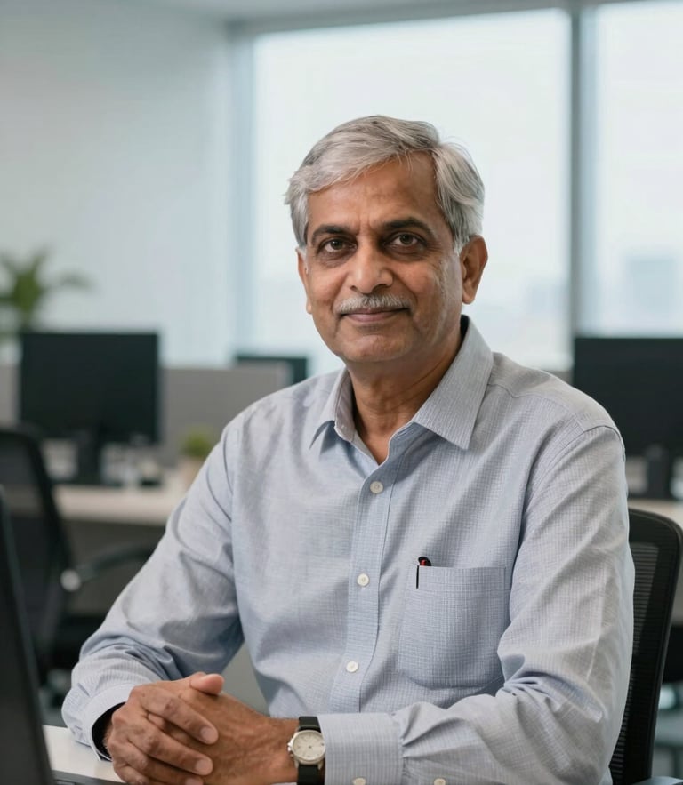 A professional environmental portrait of a senior Indian Chartered Accountant in a bright, modern Gurugram office, neutral tones, 35mm lens