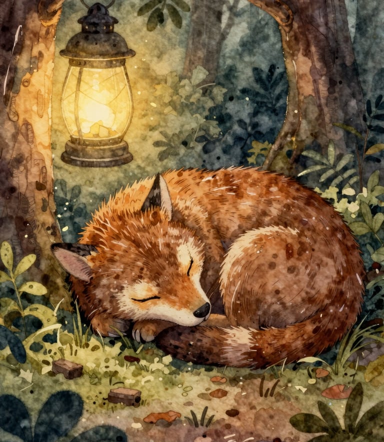 Close-up on a beautifully textured watercolor illustration of a sleeping forest animal under a warm, glowing lantern, soft paper texture