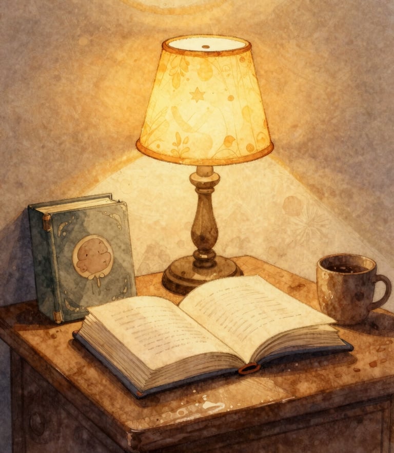 A cozy reading nook illuminated by a soft bedside lamp, warm golden-hour glow, watercolor illustration style.