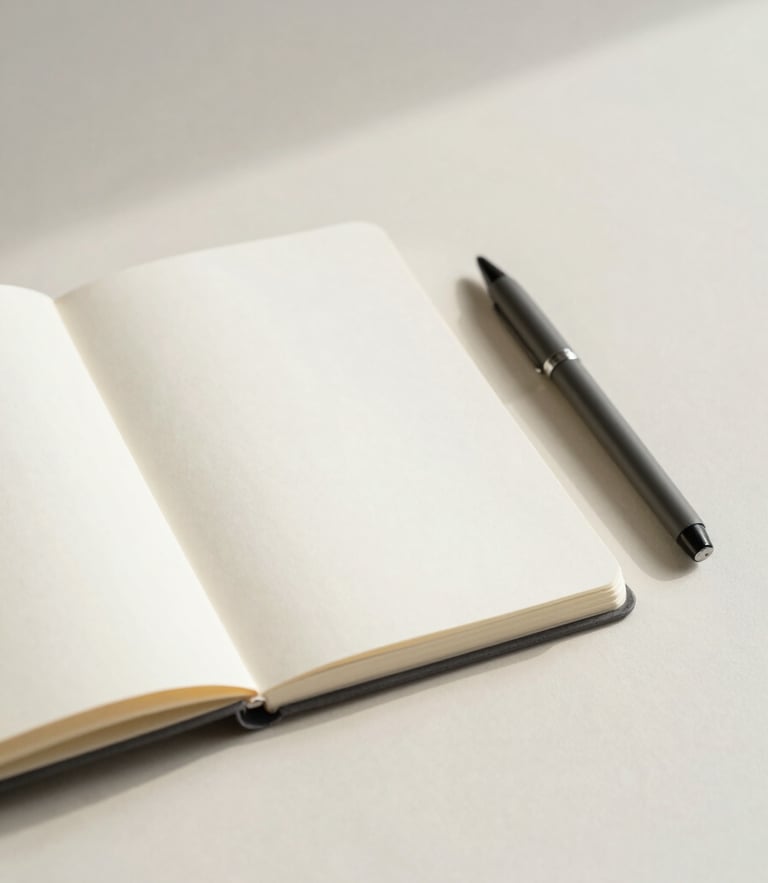 Minimalist workspace detail with an open notebook, a clean pen, and soft overcast daylight casting gentle shadows on a light cream surface