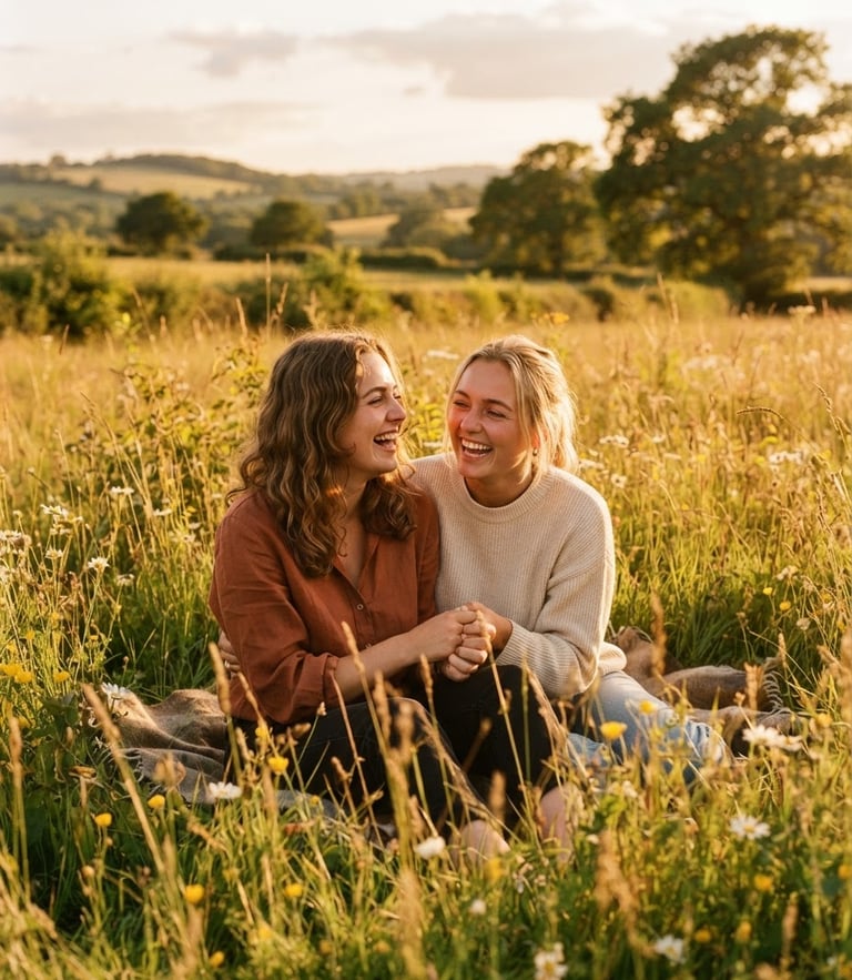 Candid environmental portrait of two friends laughing together in a sun-drenched Berkshire meadow during golden hour, warm 35mm film aesthetic.
