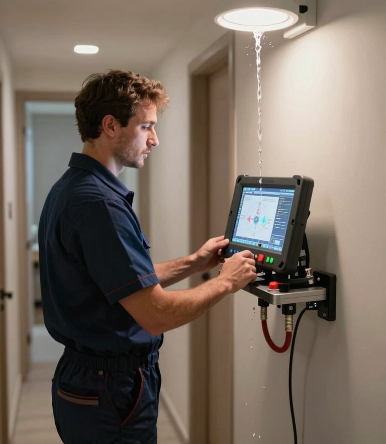 A professional plumbing technician in a clean navy blue uniform operating a high-tech diagnostic screen inside a residential hallway at night. Sharp, high-contrast lighting from work lamps, clean water flowing freely, highly detailed utility equipment, realistic and professional atmosphere.
