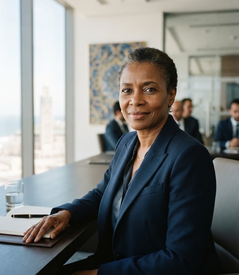 A close-up portrait of a senior African financial executive in a modern Casablanca boardroom, bright natural architectural light, sophisticated blue tones, shallow depth of field, 35mm corporate editorial photography.