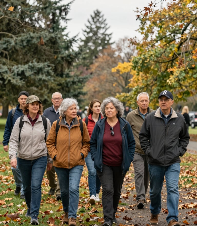 A warm candid portrait of a diverse group of Washington residents walking together in a leafy park, soft Pacific Northwest overcast daylight, authentic lifestyle photography.