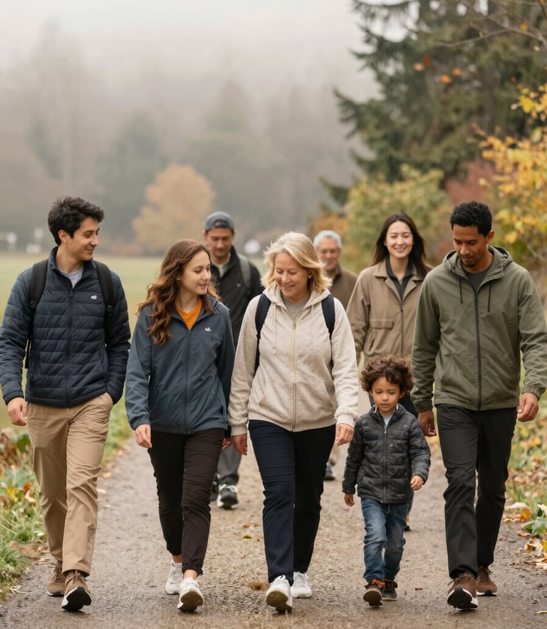 A candid medium shot of a diverse group of families walking together on a soft, misty trail in a Washington park, overcast daylight, authentic lifestyle photography