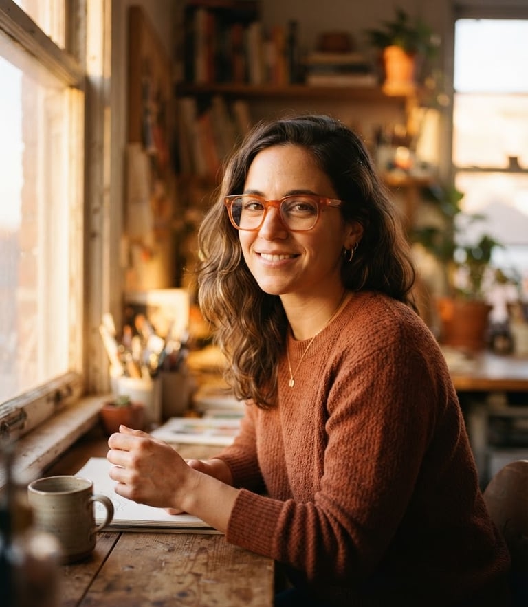 Warm editorial portrait of a creative professional wearing thick terracotta acetate glasses, golden-hour window light, shallow depth of field, 35mm