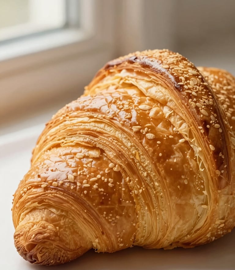 Close-up macro shot of a perfectly golden, flaky croissant with visible lamination layers, soft morning window light, shallow depth of field