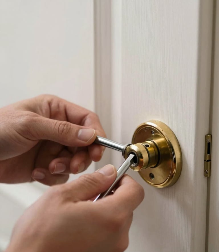 Close-up of a professional locksmith's hands using a tension wrench and lock pick to cleanly open an apartment door lock, natural daylight, focus on brass cylinder mechanism.