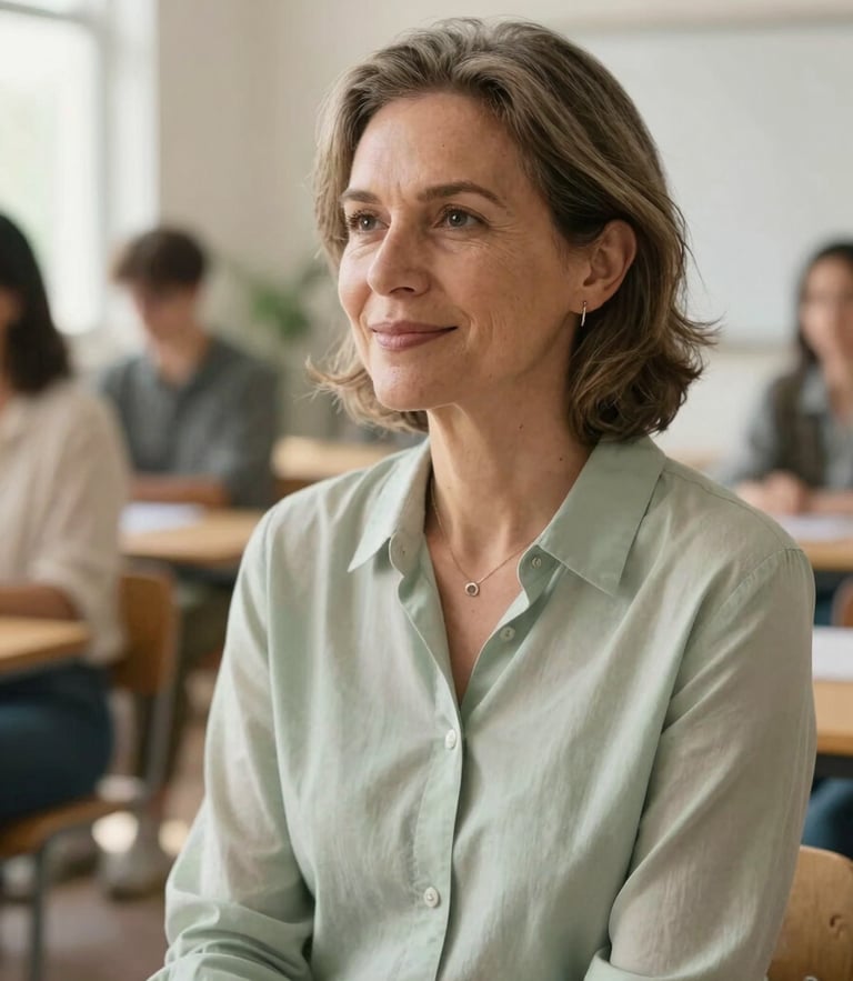 A close-up environmental portrait of a mature female consultant with a warm expression, sitting in a sunlit community workshop space, soft natural light, shallow depth of field.