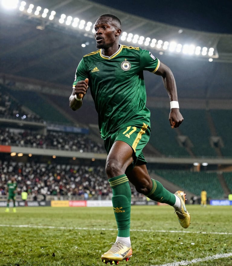Low-angle action shot of a Ugandan football player sprinting on turf under bright stadium floodlights, deep green jersey, intense focus
