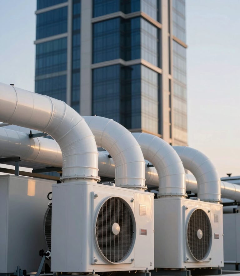 A close-up of complex commercial HVAC ductwork and chiller systems in a modern Dubai high-rise, twilight golden-hour light, deep navy and clean white tones, sharp focus, 35mm