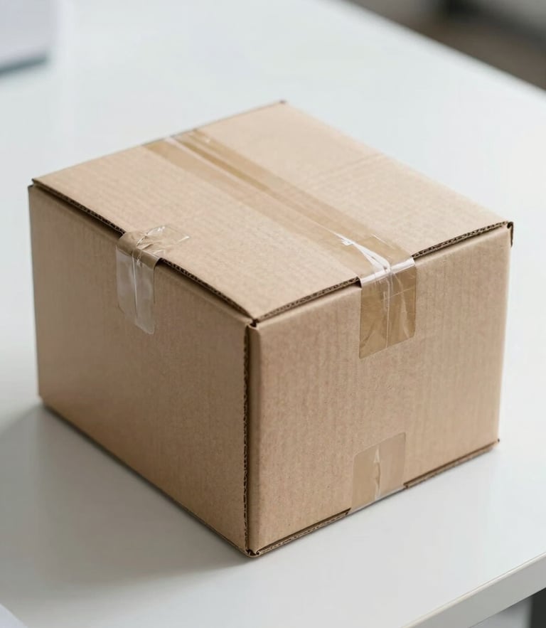 Macro shot of a sealed, completely neutral cardboard shipping box on a white sterile table, bright clinical daylight, clean composition