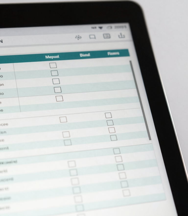 Macro portrait shot of a clean digital tablet displaying a structured medical questionnaire with clear checkboxes, soft clinical lighting, sterile white background.