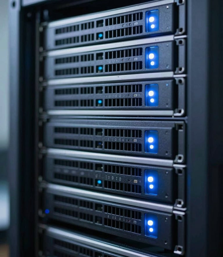 Macro close-up of a perfectly routed enterprise server rack, clean blue and white LED indicator glows, cool daylight, high-contrast technical depth.
