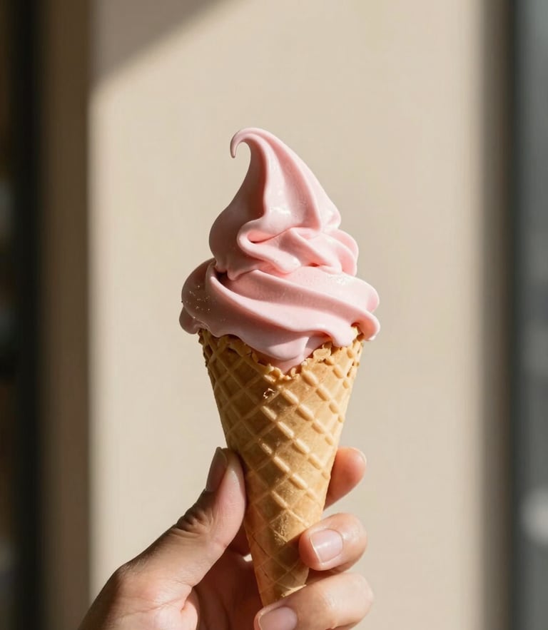 A close-up shot of a hand holding a freshly scooped light pink ice cream cone against a warm cream wall, soft natural daylight casting gentle shadows