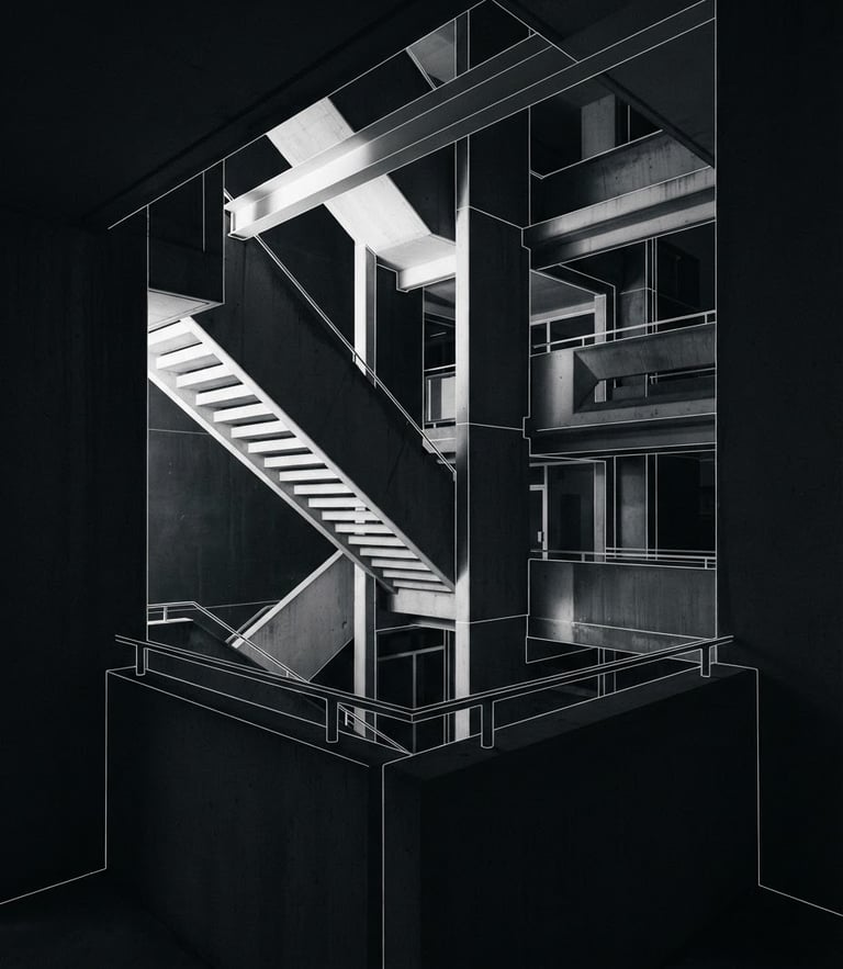 Crisp minimalist digital vector graphic art with high-contrast stark white lines on a dark charcoal background, architectural framing