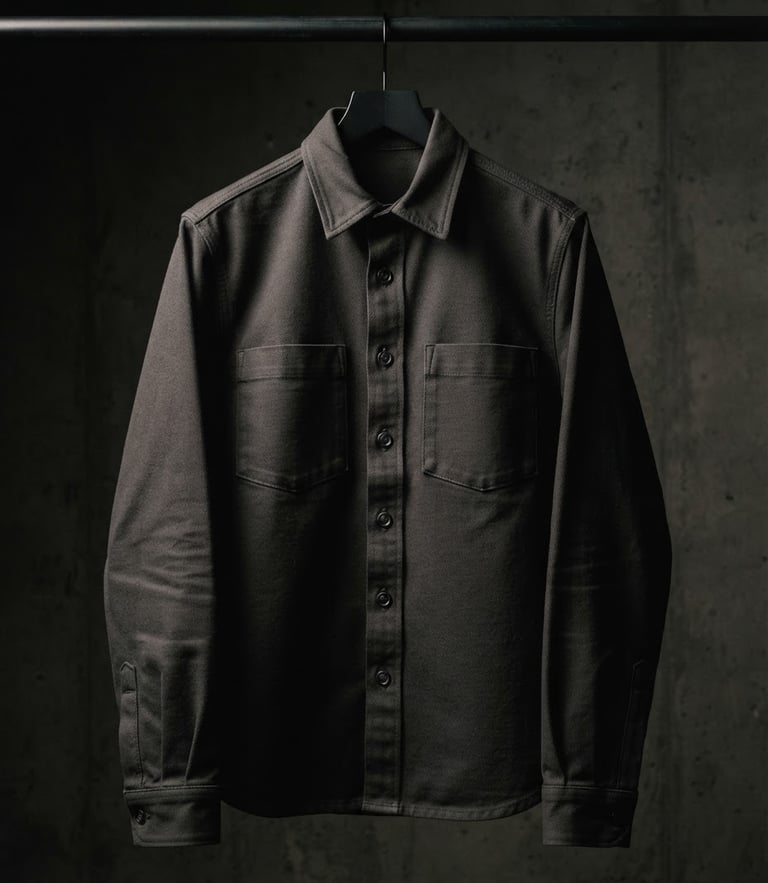 Symmetrical composition of a heavy-weight cotton garment with a structured drape, dimly lit, moody studio lighting, deep shadows, 35mm lens