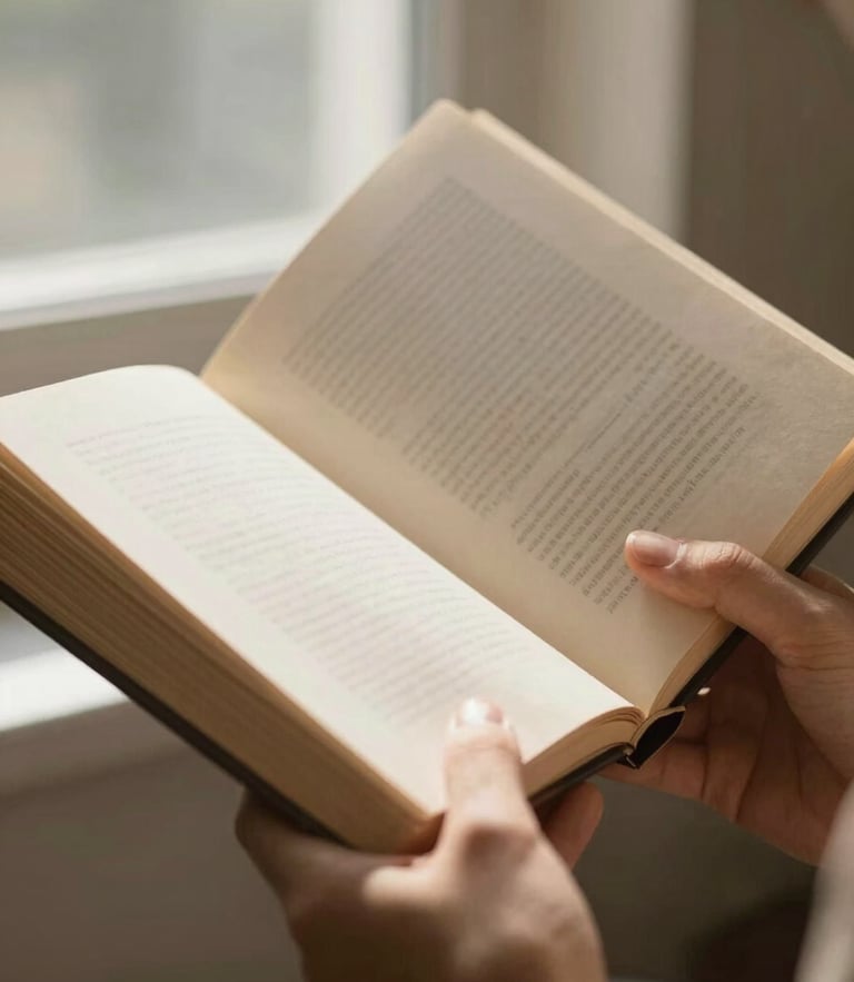 Close-up of hands holding an open book with rich paper texture under soft warm window light, shallow depth of field
