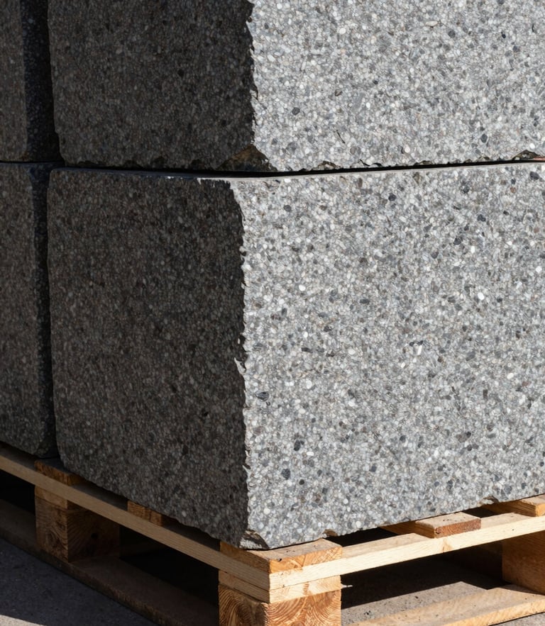 High-contrast close-up of raw, hand-dressed granite blocks stacked on heavy timber pallets, hard natural sunlight casting deep shadows on the rough slate-gray stone textures.
