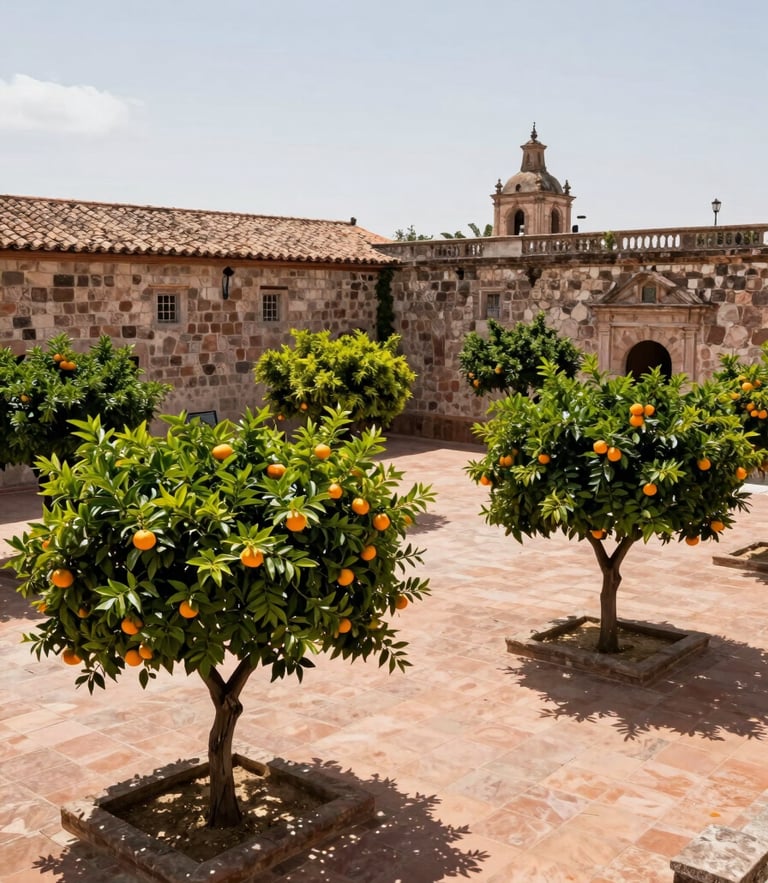 Overhead view of a pristine colonial terrace with manicured orange trees, clean terracotta tiles, historic stone walls under bright Guanajuato sky.
