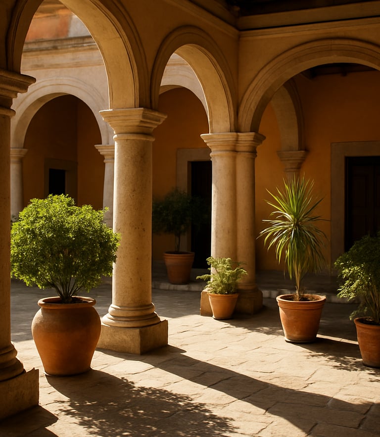 Luminous colonial interior courtyard in San Miguel de Allende, clean stone arches, pristine potted plants, warm afternoon sunlight casting soft shadows.