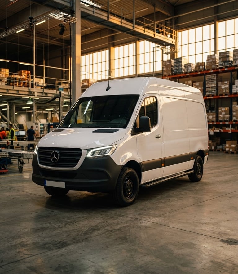 Dynamic low-angle shot of a clean, modern white delivery van parked inside a state-of-the-art distribution center, dramatic golden hour lighting reflecting off metallic surfaces, sharp focus, 35mm