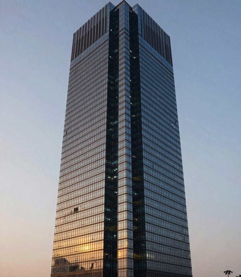 Symmetrical architectural twilight shot of a modern glass high-rise office tower in Gurgaon, deep navy accents, sharp lighting