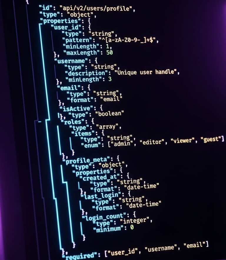 Close-up macro shot of a dark-mode IDE displaying a structured JSON schema, glowing neon blue lines highlighting key-value pairs, subtle purple backlighting, sharp digital product render, high-contrast tech aesthetic