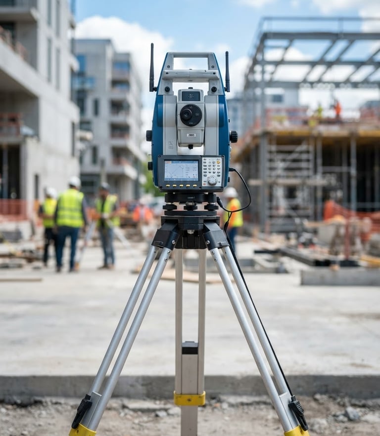 Crisp technical photography of a high-precision robotic total station surveying instrument on a tripod, sharp daylight, cool slate and electric blue tones, architectural tilt-shift lens