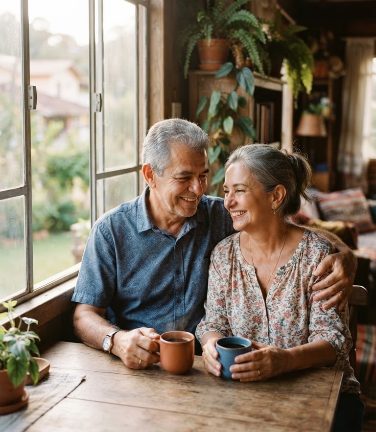 A warm portrait of an older Brazilian couple sitting by a sunlit window, smiling with relief, holding a warm cup of coffee, soft natural light, shallow depth of field, 35mm photography