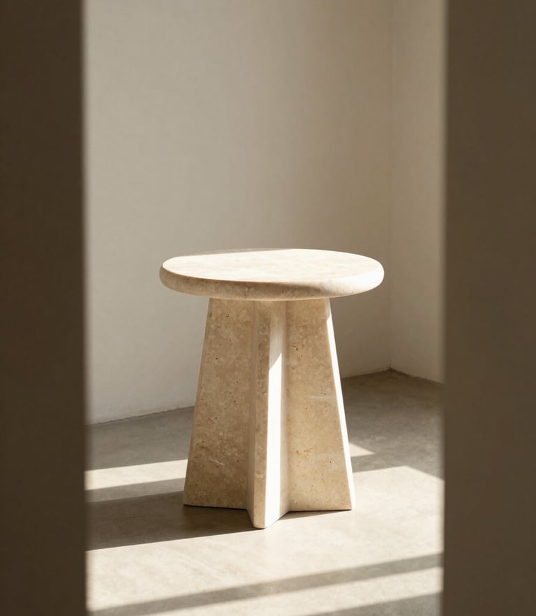A sculptural travertine side table placed in a sunlit minimalist living room, warm afternoon light casting long soft shadows, architectural framing, 35mm