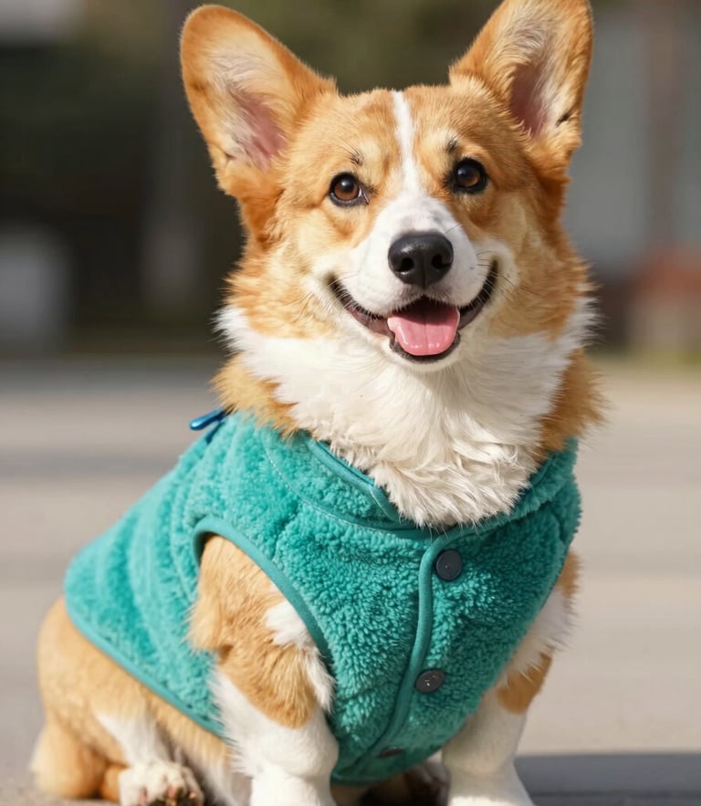 A happy corgi sitting comfortably wearing a vibrant custom-tailored teal fleece vest, warm natural daylight, eye-level portrait