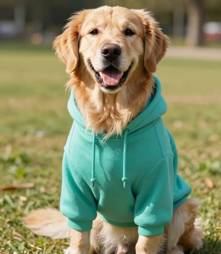 A happy golden retriever wearing a vibrant teal custom-tailored hoodie, sitting comfortably in a bright sunlit park, warm editorial photography, 35mm lens