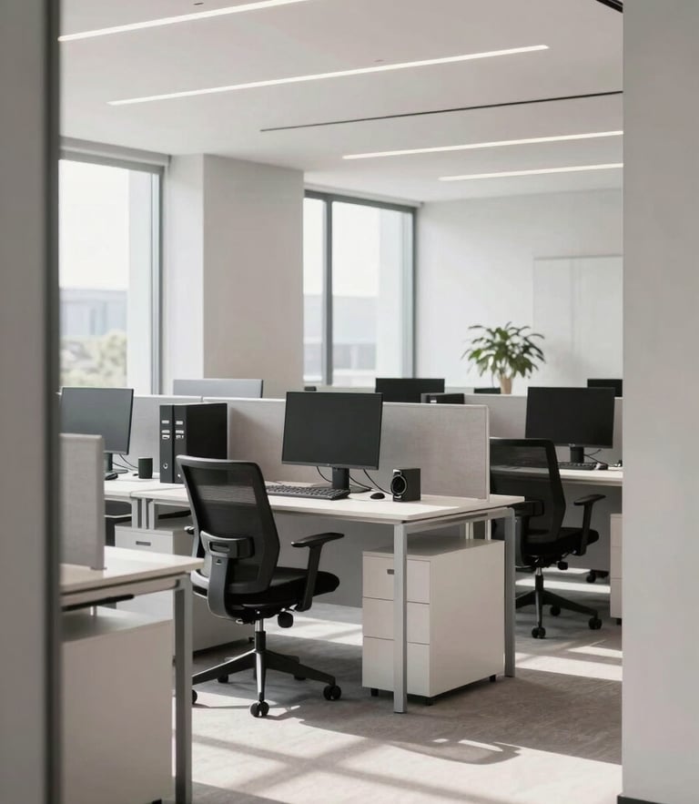 Bright natural office daylight illuminating a modern, well-organized workspace with clean lines, minimalist furniture, and professional IT equipment, architectural framing, 35mm lens.