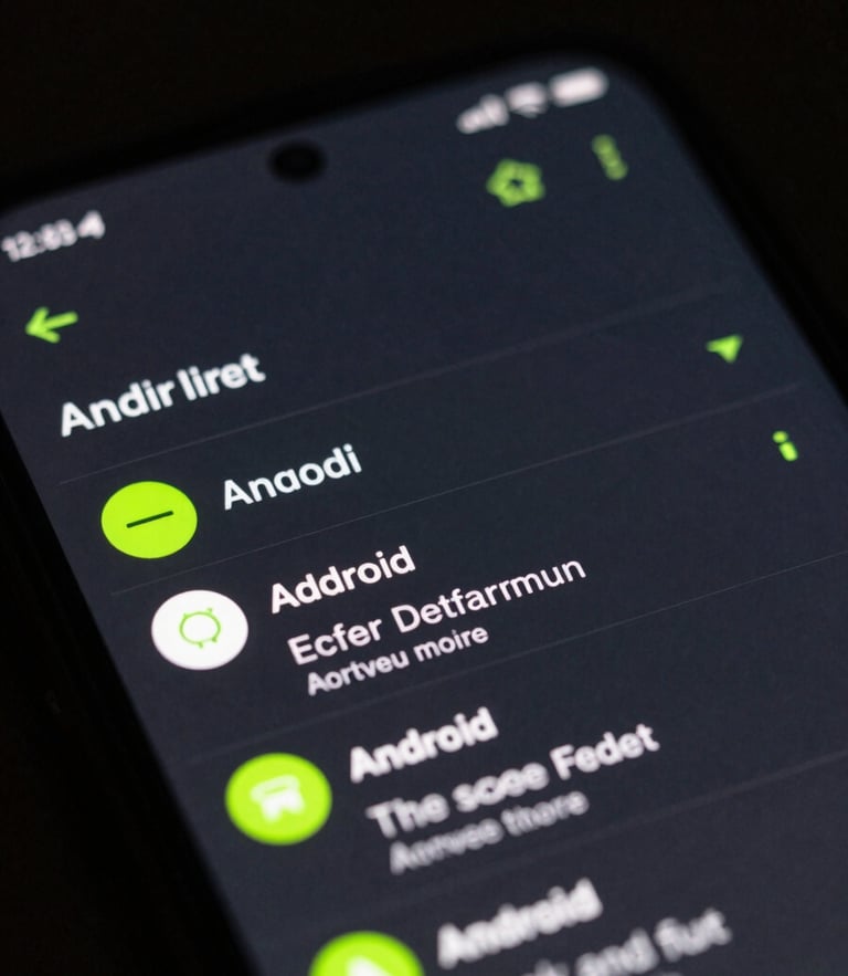 Extreme close-up macro shot of a physical Android screen displaying a clean, dark-mode text-only notification digest, sharp neon green accents, low-key studio lighting