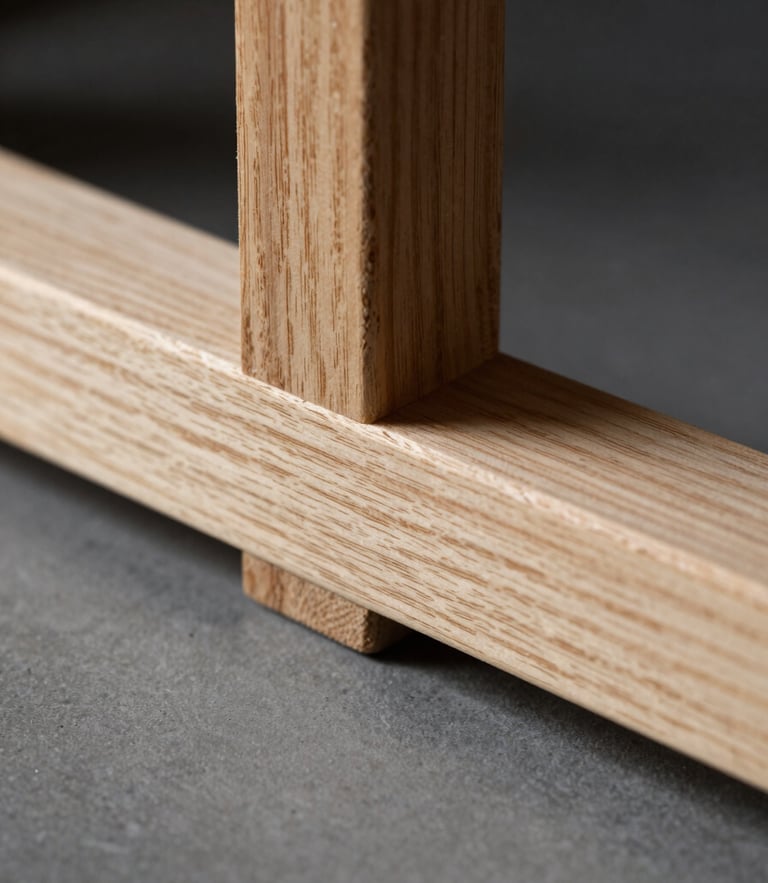 Macro shot of a precise wood joinery connection, clean oak timber, dark background, dramatic side-lighting highlighting the wood grain texture, sharp focus