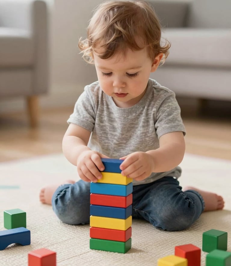 A toddler focused on building a tower with colorful wooden blocks on a clean play mat, bright natural indoor lighting, eye-level shot.