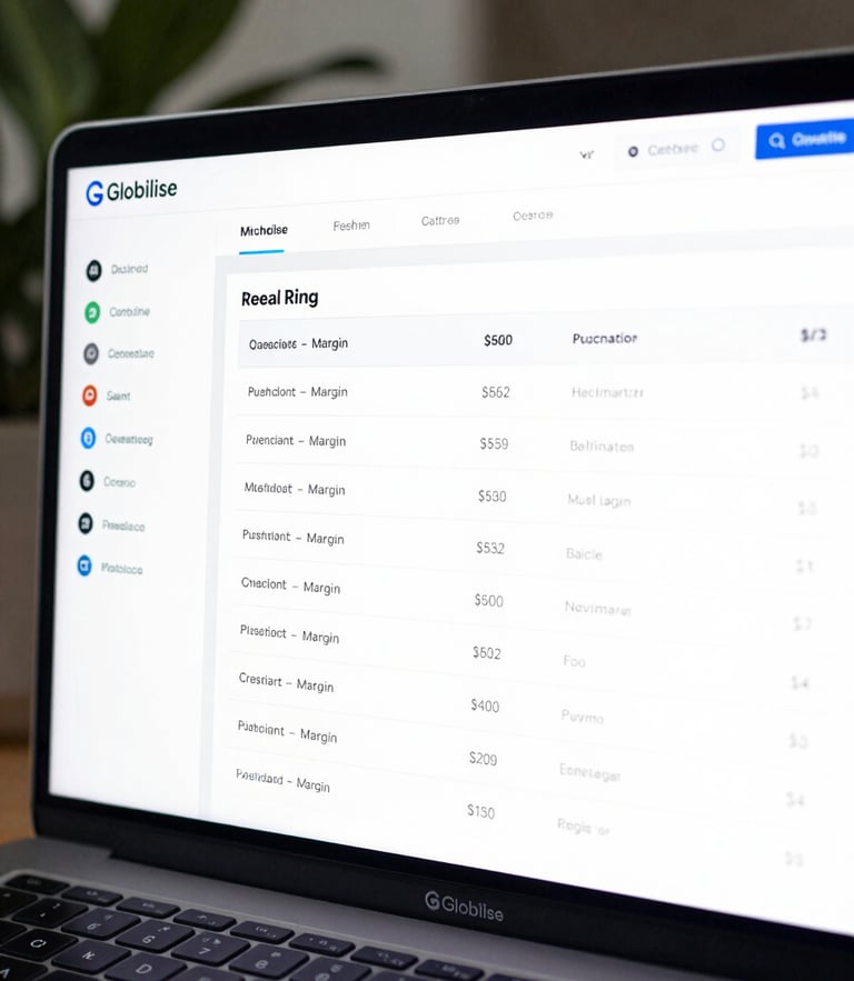 Crisp high-fidelity UI mockup of the Globilise agency dashboard, showing real-time margin tracking and active multi-language translation projects under cool natural daylight.