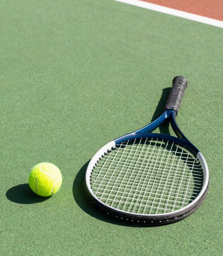 Dynamic close-up of a tennis racket resting on a bright green court next to yellow tennis balls, sharp afternoon shadows, sports photography