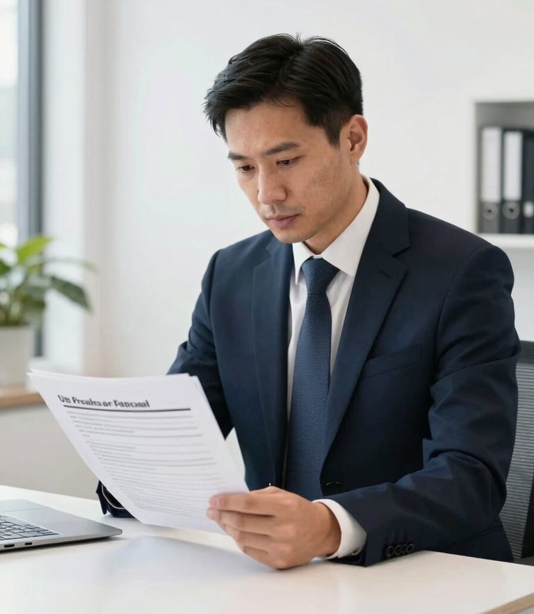 A professional Canadian business consultant reviewing a compiled bid proposal document in a bright, modern Ottawa office, 35mm lens