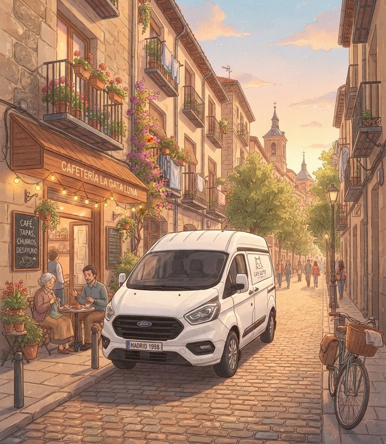 Nostalgic anime illustration of a clean white Ford Transit Custom van parked near a cozy Madrid cafe at golden hour, soft pastel tones, Ghibli style