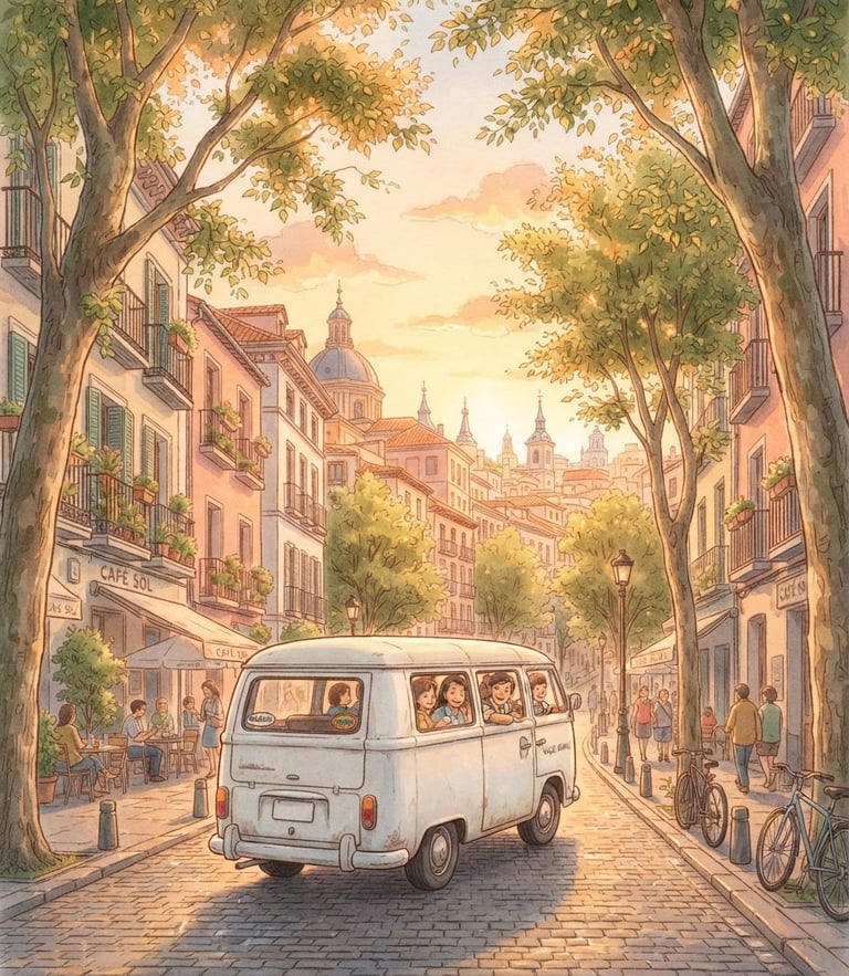 Nostalgic anime illustration of a white passenger van driving through a beautiful Madrid street lined with trees at golden hour, soft pastel tones, Ghibli style