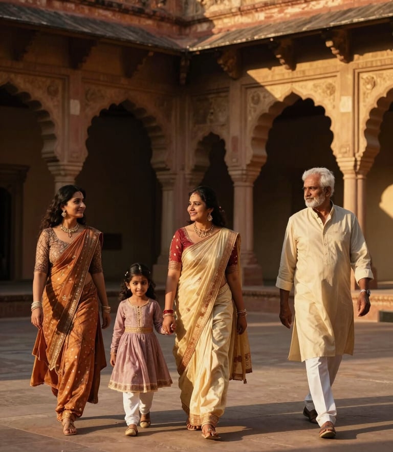 Warm editorial travel photography, golden-hour sunlight, an elegant multi-generational Indian family walking through a historic European courtyard, deep shadows, 35mm