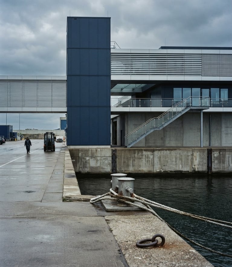 Refined architectural detail of a modern European trade port under cool overcast daylight, minimalist composition, 35mm photography