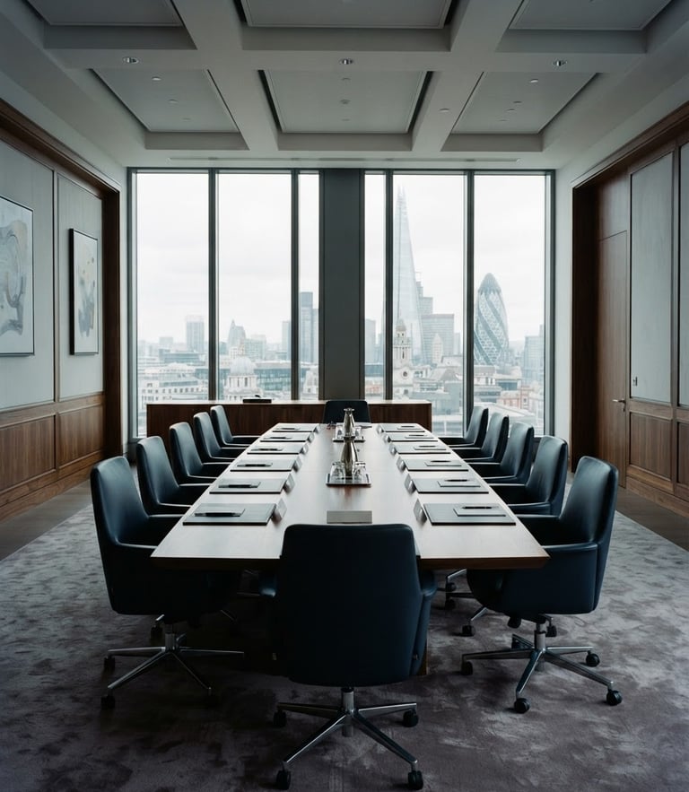 A quiet, high-end European executive boardroom with soft overcast daylight filtering through large windows, architectural lines, muted navy tones, 35mm photography