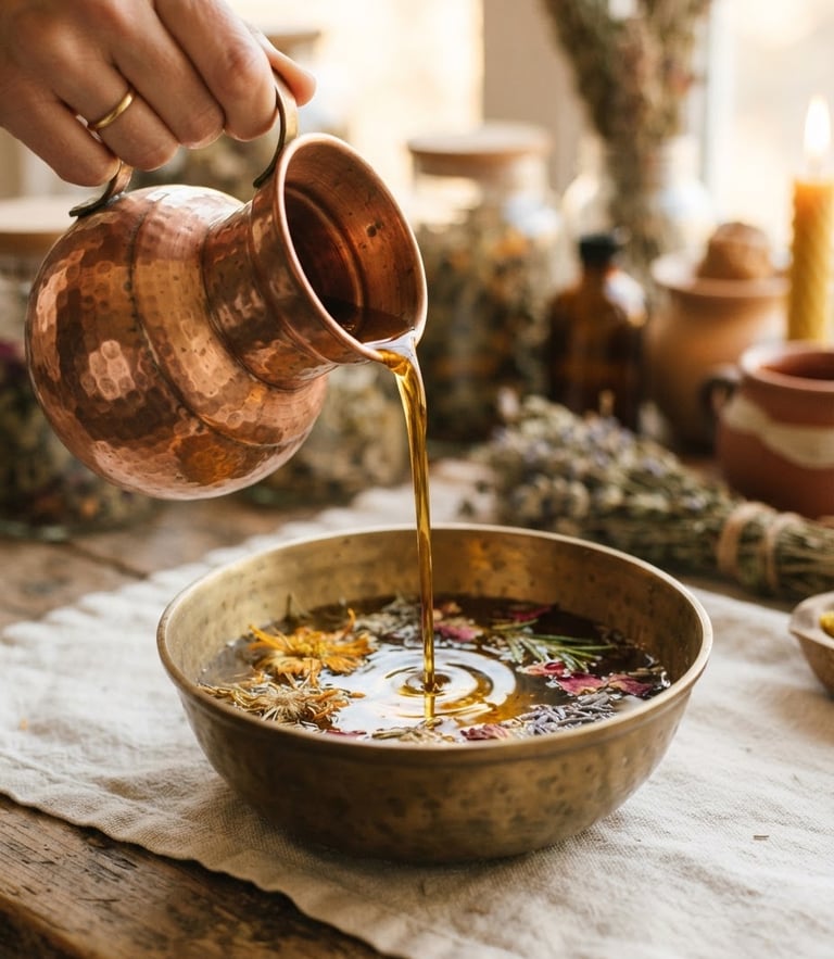 Close-up of warm herbalized oil slowly pouring from a polished copper vessel into a brass bowl, warm candle glow, shallow depth of field, 35mm