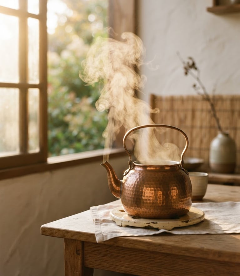 Soft warm golden-hour window light illuminating steam rising from a copper water vessel in a quiet, minimalist room, rich cream tones, 35mm