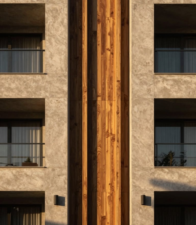 Architectural detail of a modern residential facade in Saltillo, warm late-afternoon golden hour light casting long dramatic shadows on concrete and wood textures, straight vertical lines, editorial framing.